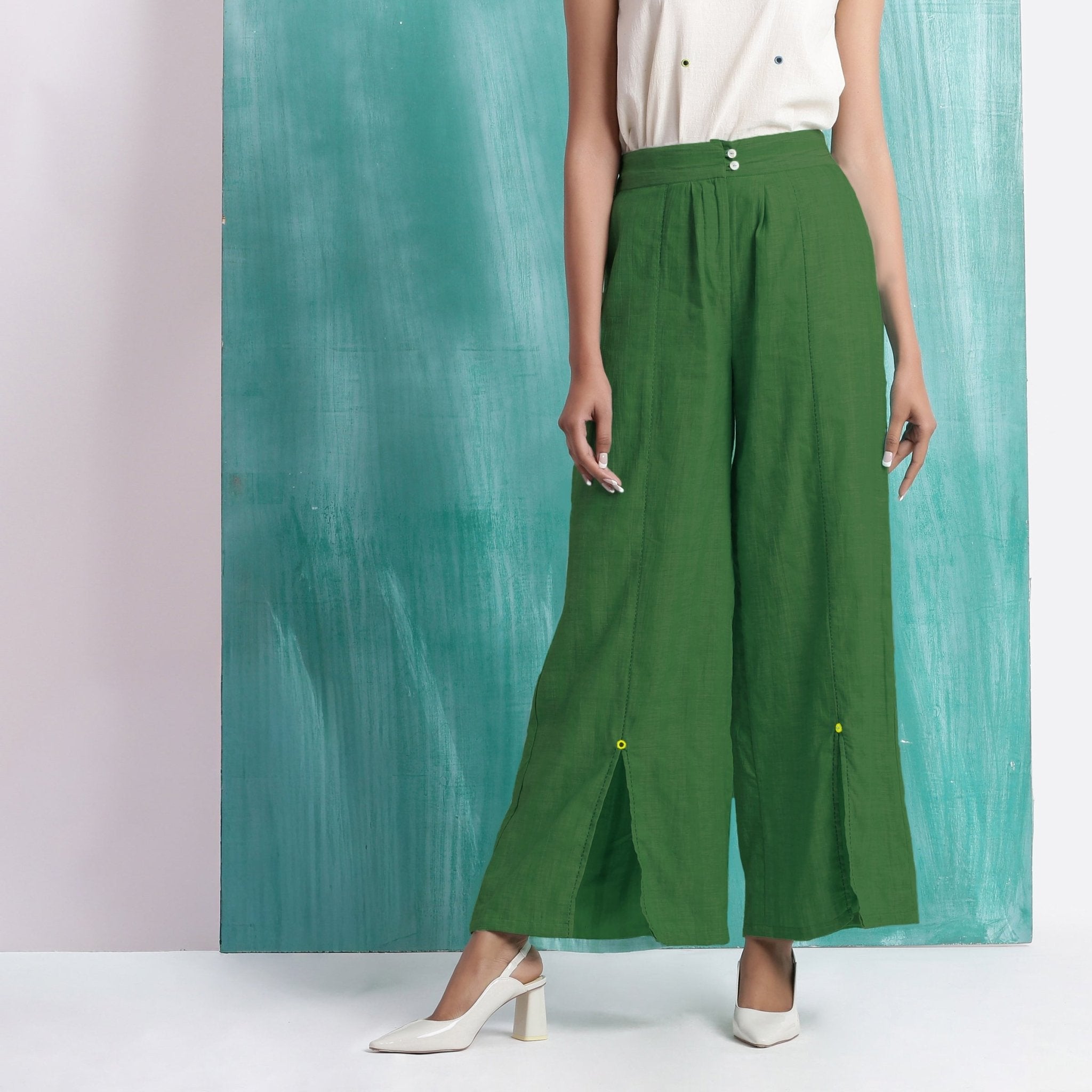 Green Handspun Cotton Elasticated Mid-Rise Wide Legged Pant