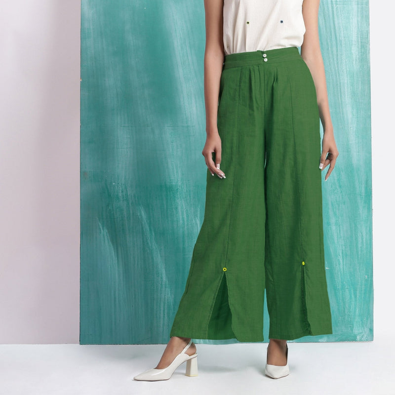Green Handspun Cotton Elasticated Mid-Rise Wide Legged Pant
