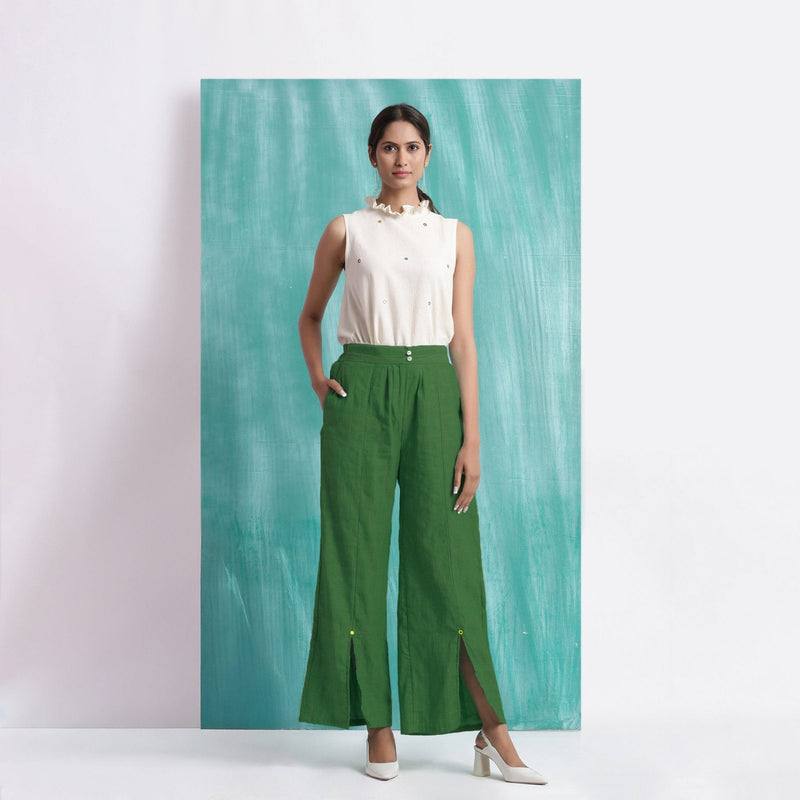 Green Handspun Cotton Elasticated Mid-Rise Wide Legged Pant