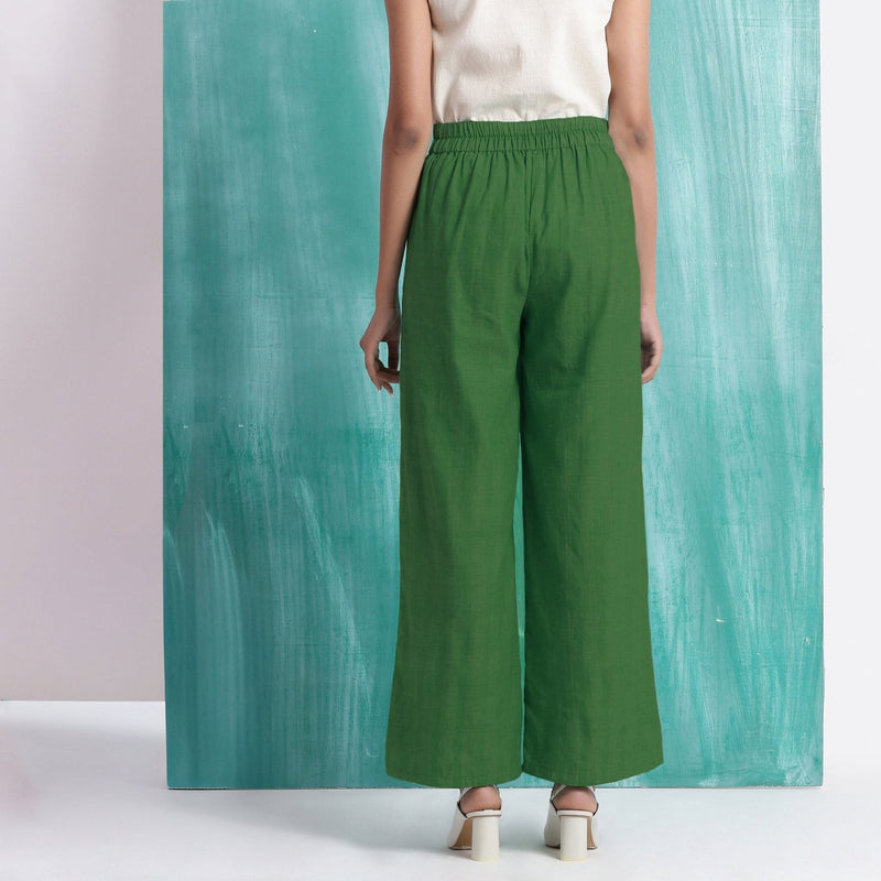 Green Handspun Cotton Elasticated Mid-Rise Wide Legged Pant
