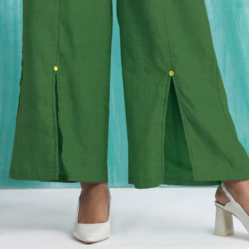 Green Handspun Cotton Elasticated Mid-Rise Wide Legged Pant