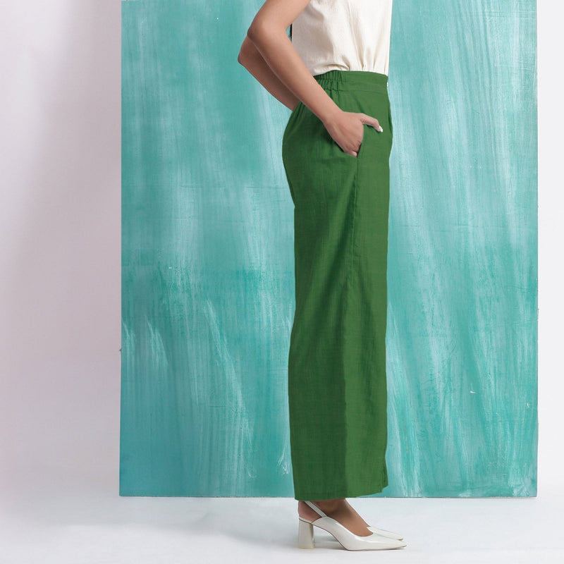 Green Handspun Cotton Elasticated Mid-Rise Wide Legged Pant
