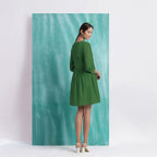 Green Handspun Cotton V-Neck Gathered Short Dress