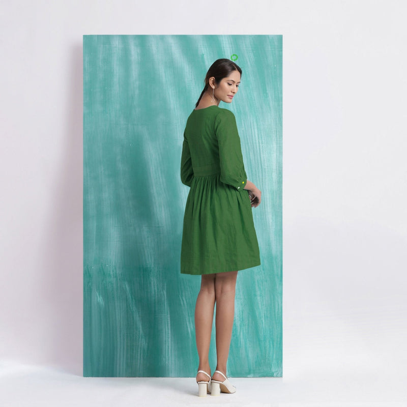 Green Handspun Cotton V-Neck Gathered Short Dress