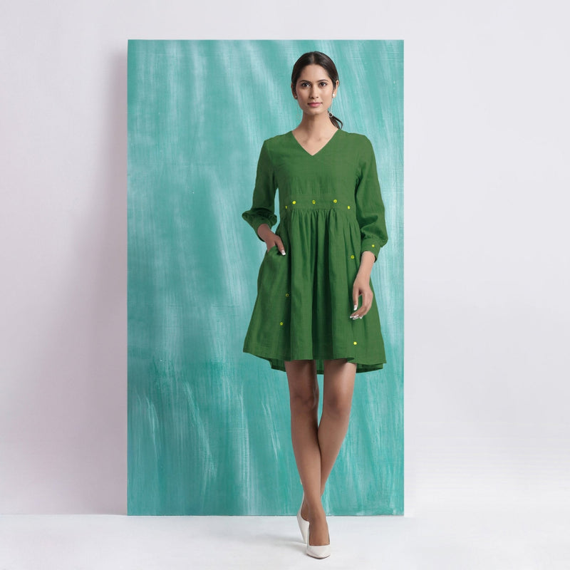 Green Handspun Cotton V-Neck Gathered Short Dress