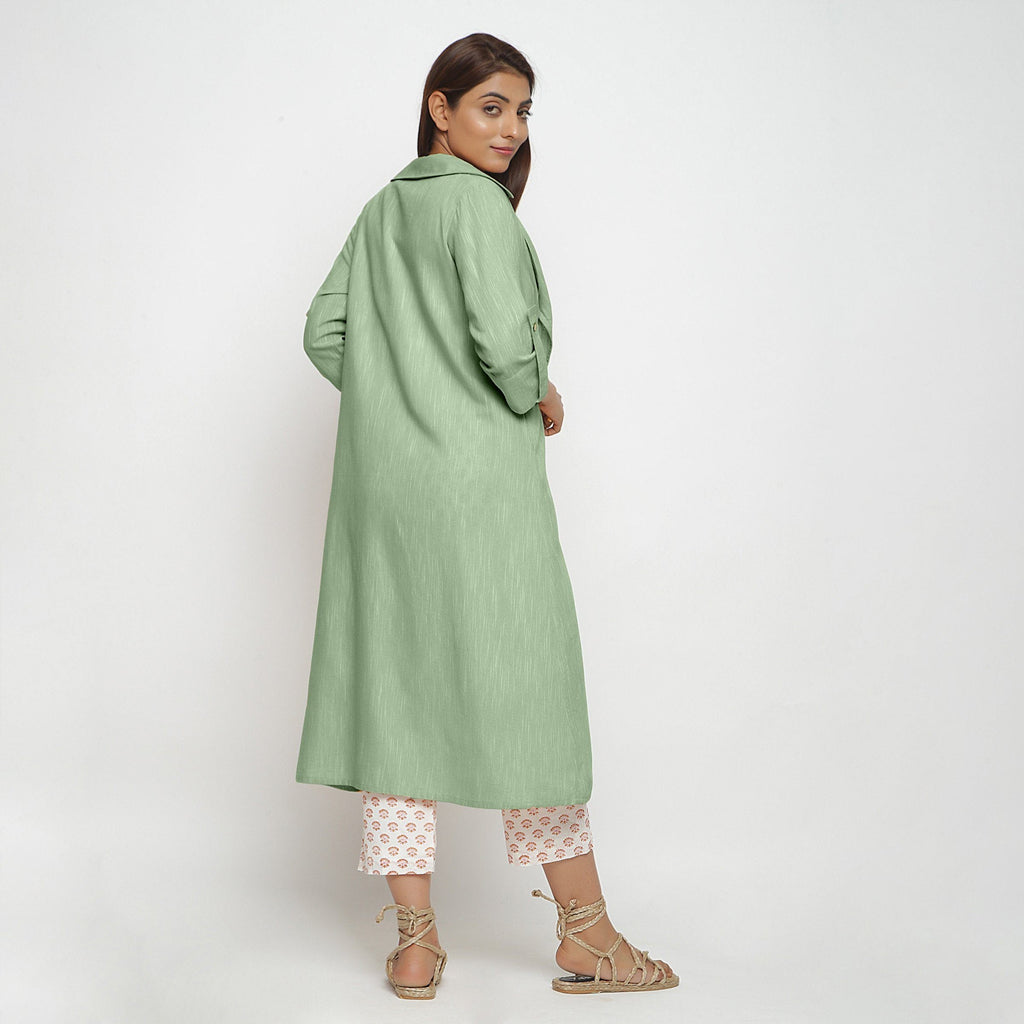 Back View of a Model wearing Green Lapel Collar Cotton Overlay