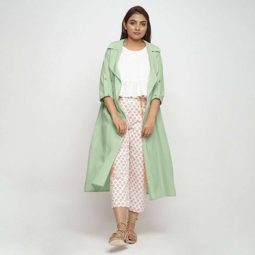 Front View of a Model wearing Green Lapel Collar Cotton Overlay