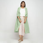 Front View of a Model wearing Green Lapel Collar Cotton Overlay