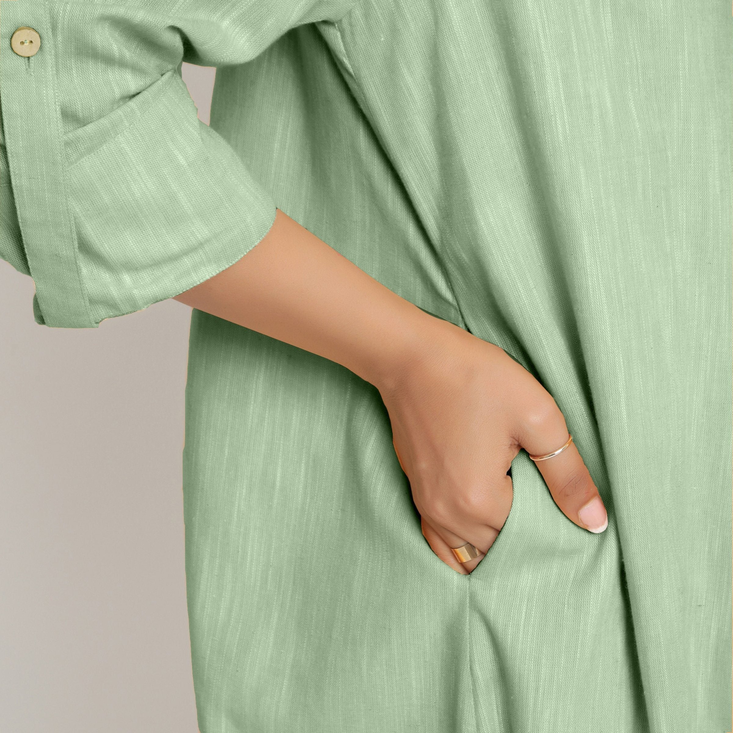 Right Detail of a Model wearing Green Lapel Collar Cotton Overlay