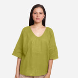 Front View of a Model wearing Green Loose Fit Drop Shoulder Top