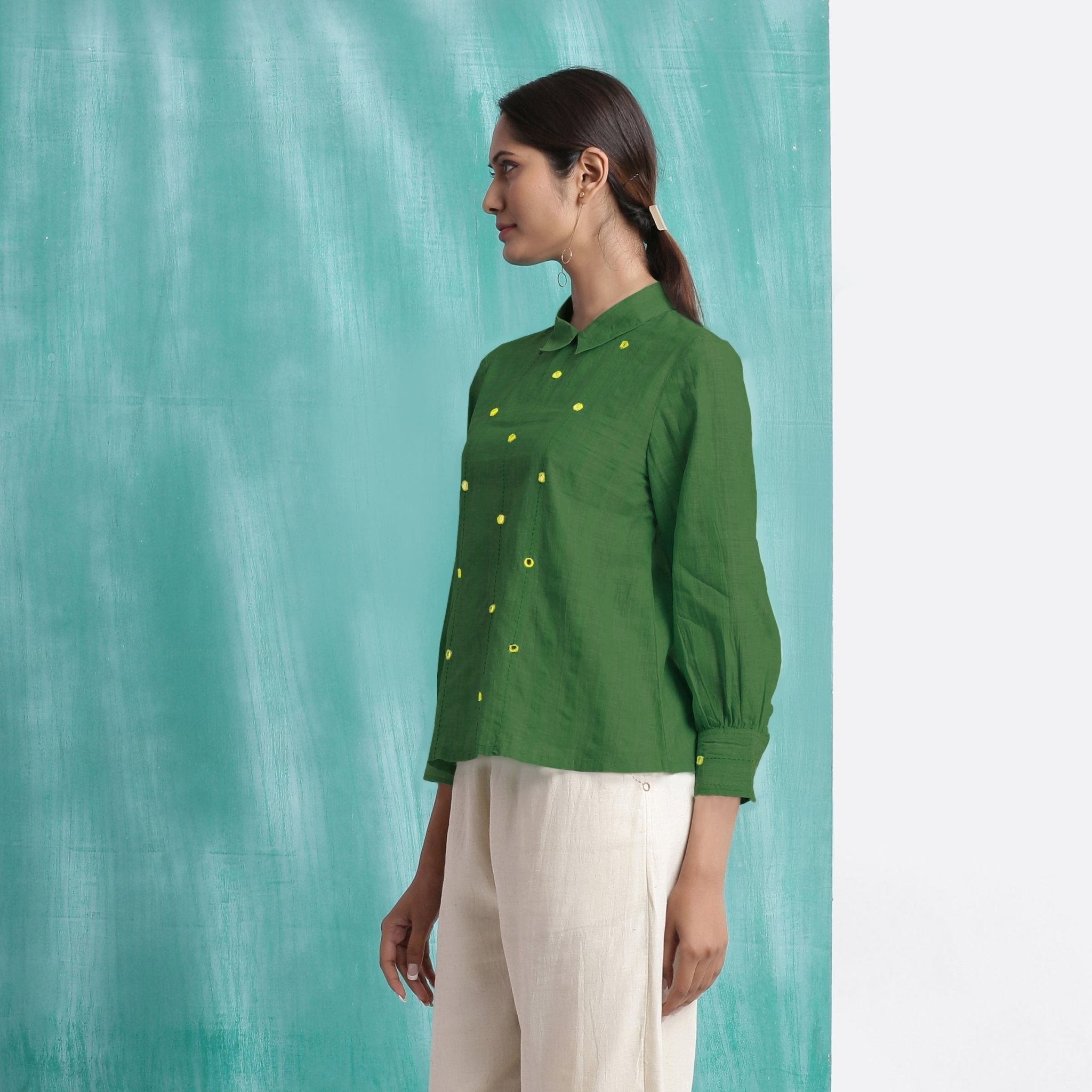 Green Mirror Work Handspun Cotton Blouse Top