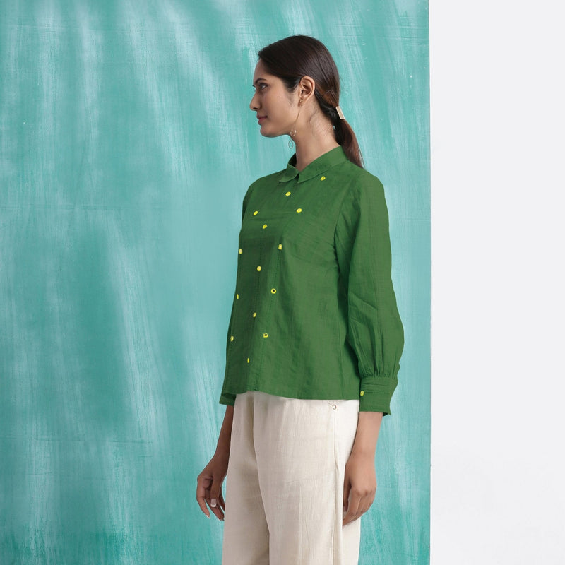 Green Mirror Work Handspun Cotton Blouse Top