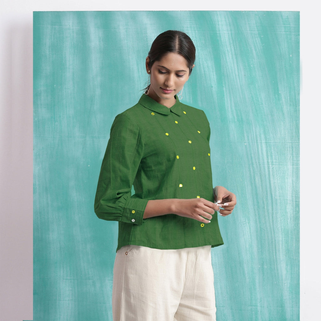 Green Mirror Work Handspun Cotton Blouse Top