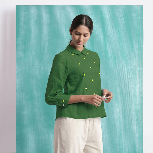 Green Mirror Work Handspun Cotton Blouse Top