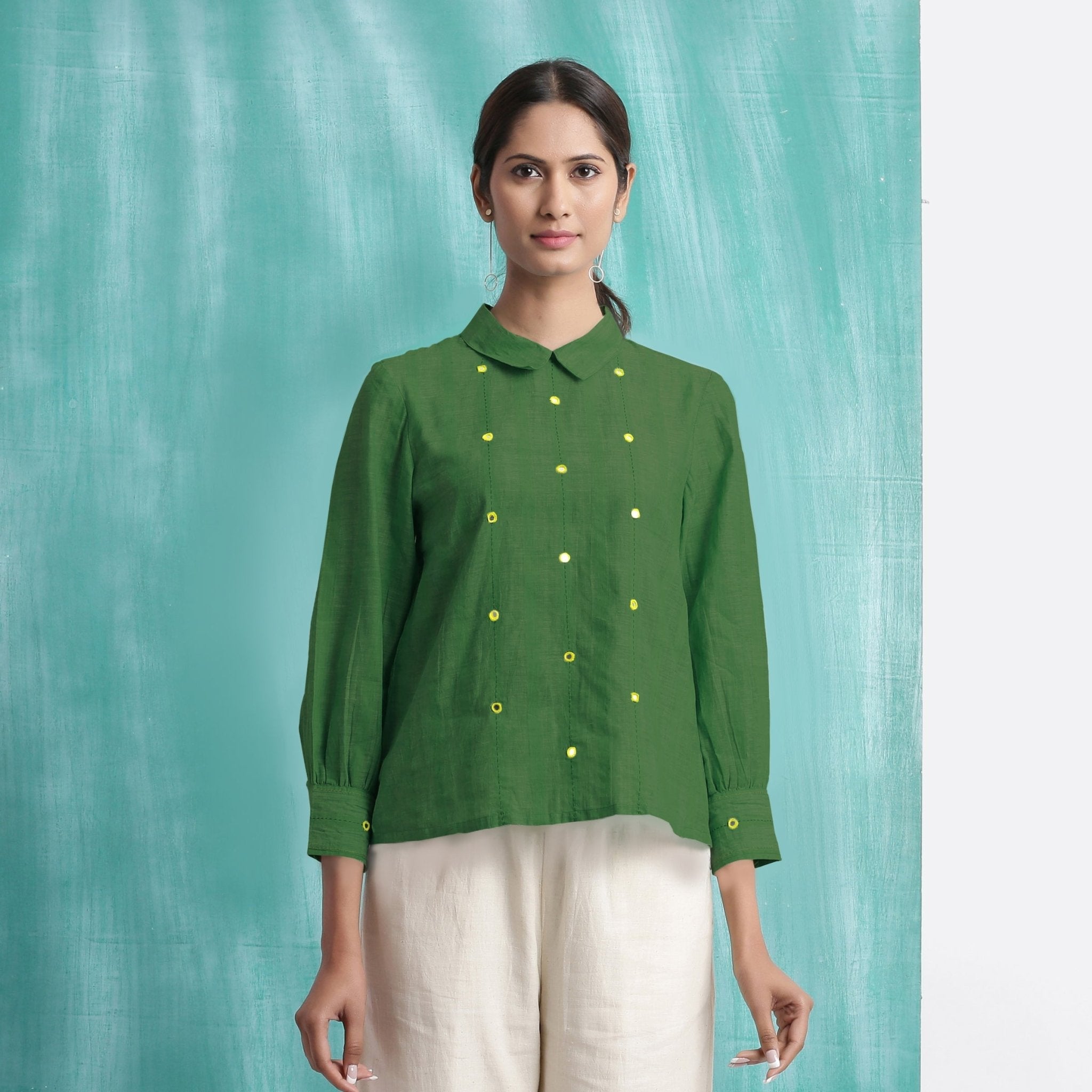 Green Mirror Work Handspun Cotton Blouse Top