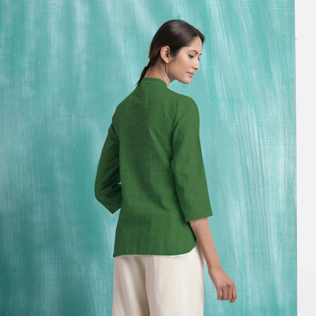 Green Mirror Work Handspun Cotton Mandarin Collar Top