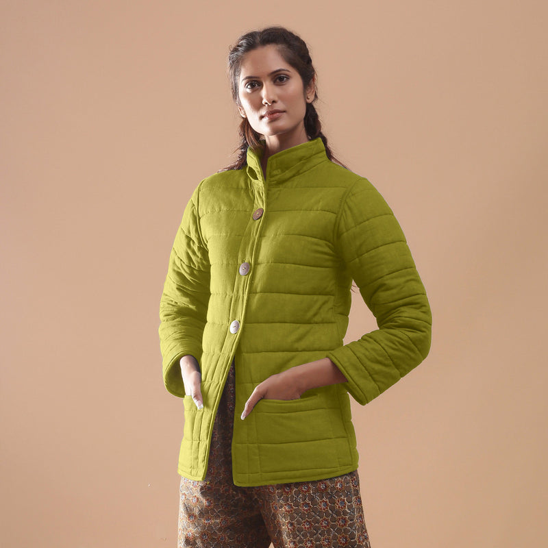 Left View of a Model wearing Green Reversible Detachable Hoodie Quilted Cotton Jacket