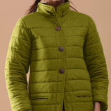 Front Detail of a Model wearing Green Reversible Detachable Hoodie Quilted Cotton Jacket