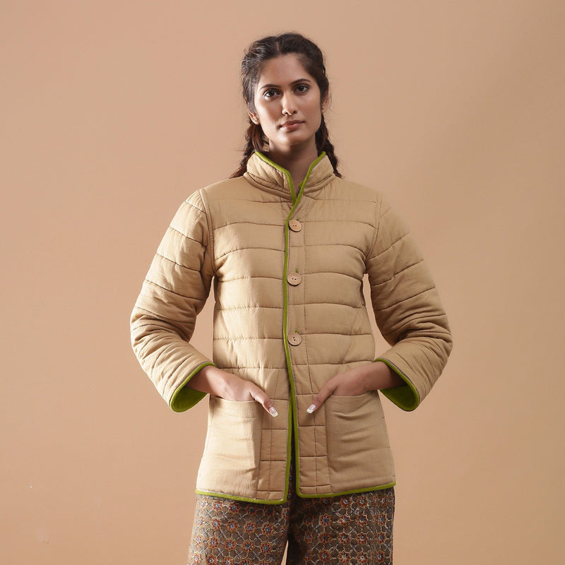 Front View of a Model wearing Green Reversible Detachable Hoodie Quilted Cotton Jacket