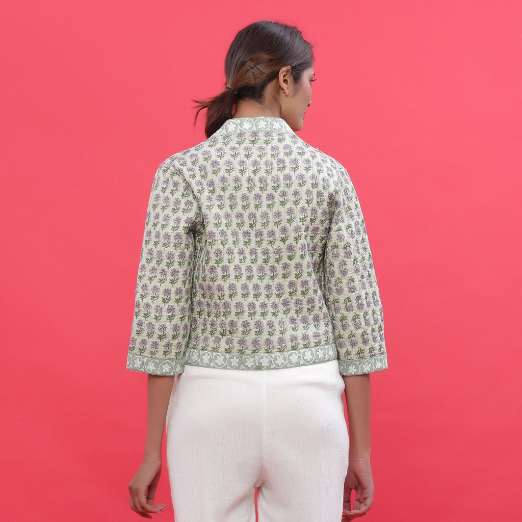 Back View of a Model wearing Green Reversible Block Print Cotton Short Shrug
