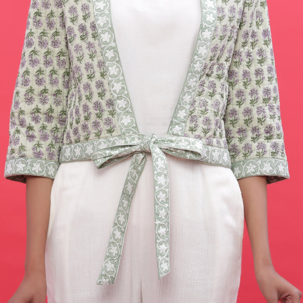 Front Detail of a Model wearing Green Reversible Block Print Cotton Short Shrug