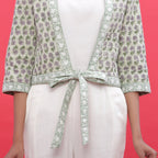 Front Detail of a Model wearing Green Reversible Block Print Cotton Short Shrug