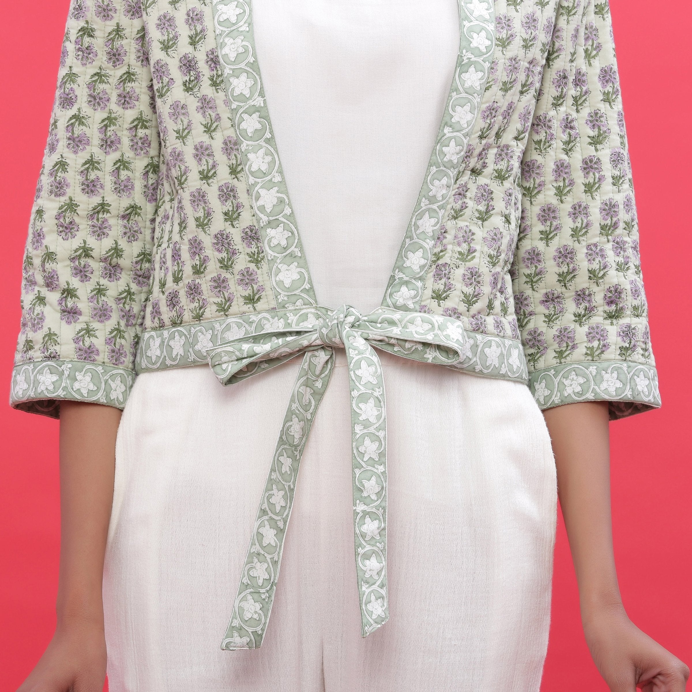 Front Detail of a Model wearing Green Reversible Block Print Cotton Short Shrug