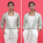 Front View of a Model wearing Green Reversible Block Print Cotton Short Shrug