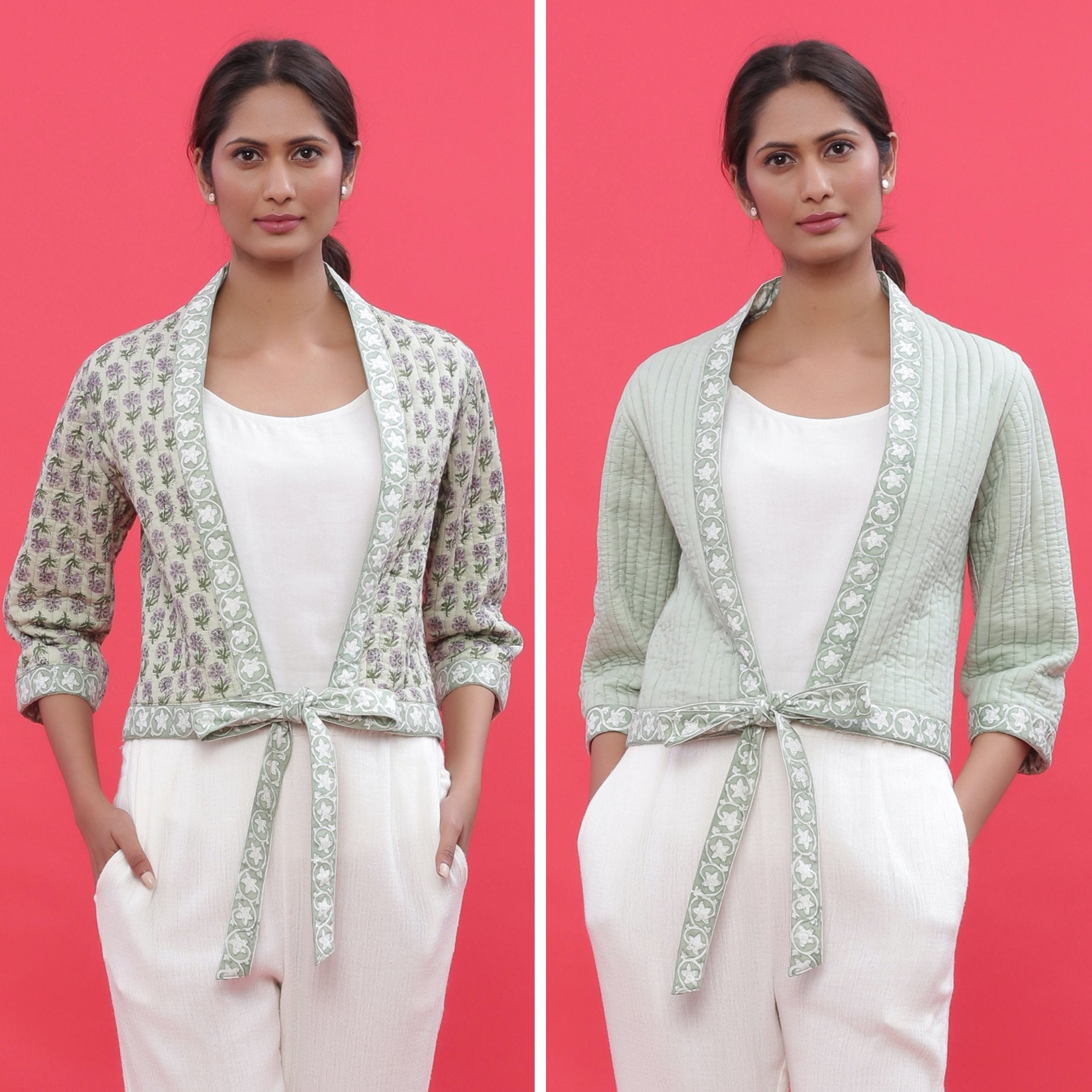 Front View of a Model wearing Green Reversible Block Print Cotton Short Shrug