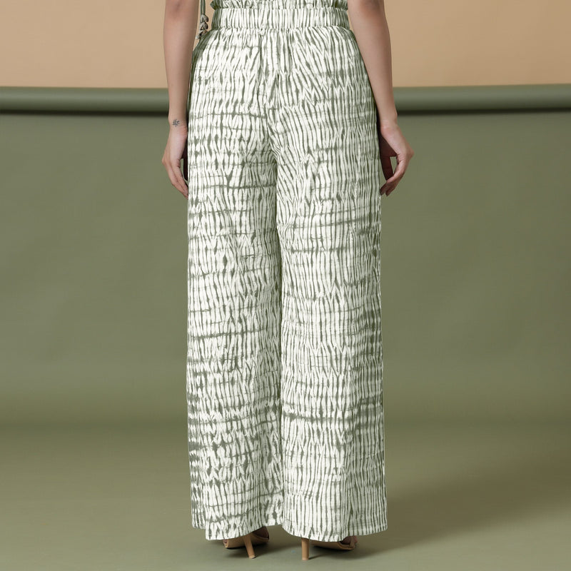 Back View of a Model wearing Green Shibori 100% Cotton Paperbag Pant