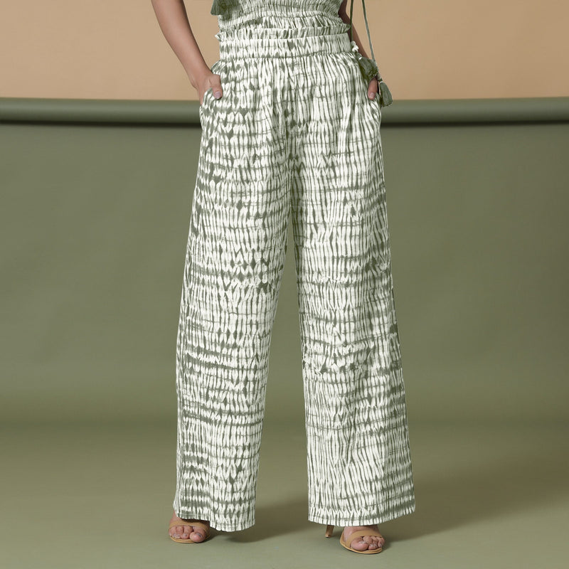 Front View of a Model wearing Green Shibori 100% Cotton Paperbag Pant