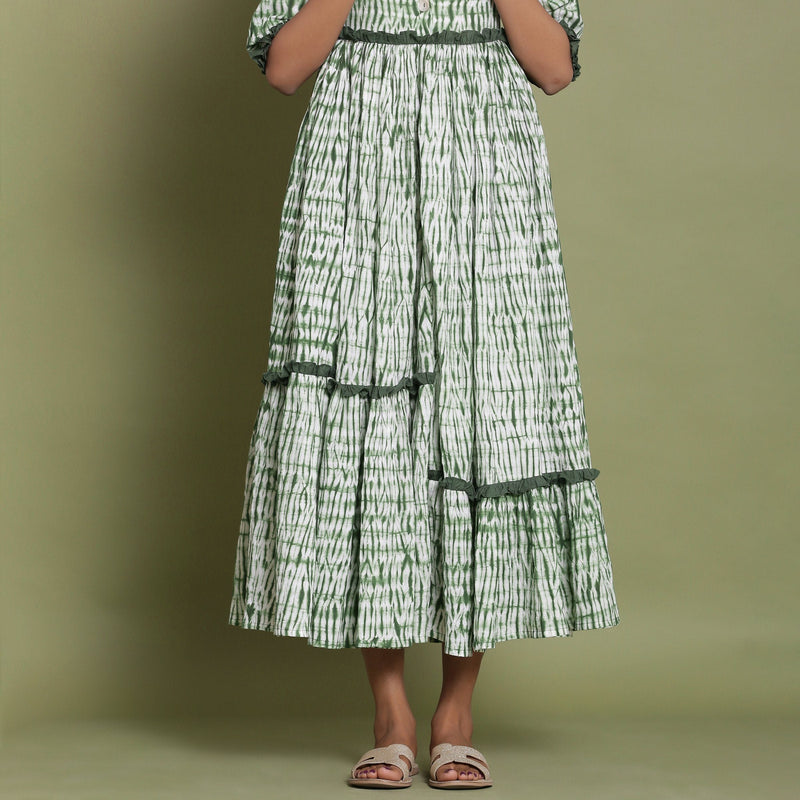 Front Detail of a Model wearing Green Shibori Asymmetrical Tier Maxi Dress