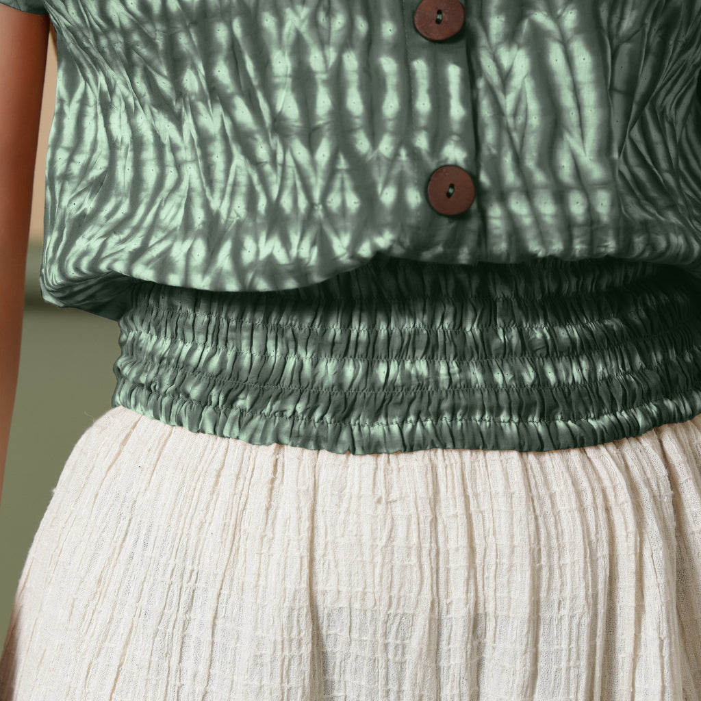 Front Detail of a Model wearing Green Shibori Tie-Dyed 100% Cotton Top