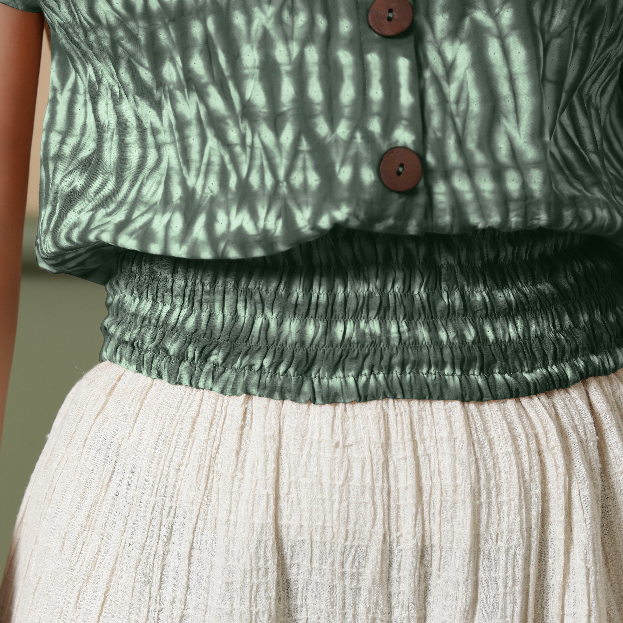 Front Detail of a Model wearing Green Shibori Tie-Dyed 100% Cotton Top