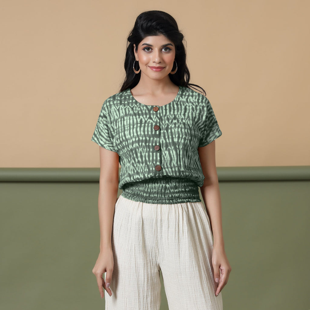 Front View of a Model wearing Green Shibori Tie-Dyed 100% Cotton Top