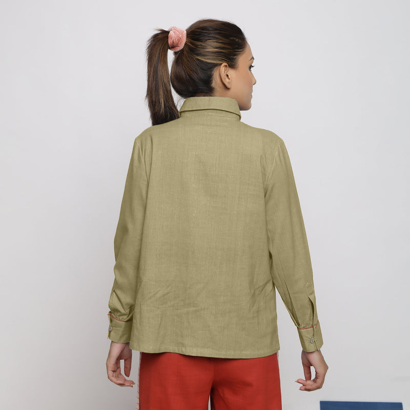 Back View of a Model wearing Green Vegetable Dyed 100% Cotton Button-Down Shirt