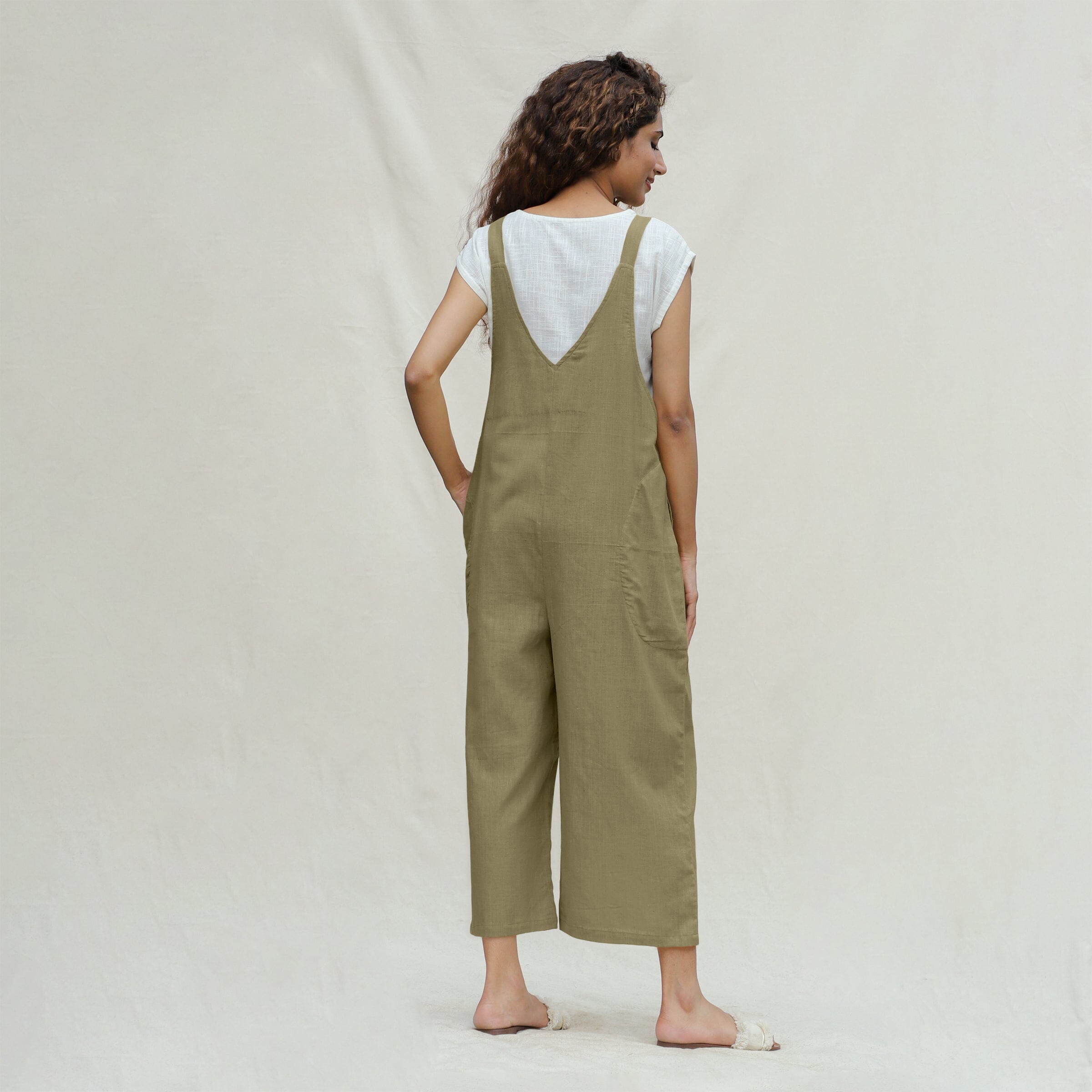 Khakhi Green 100% Cotton Midi Dungaree Jumpsuit