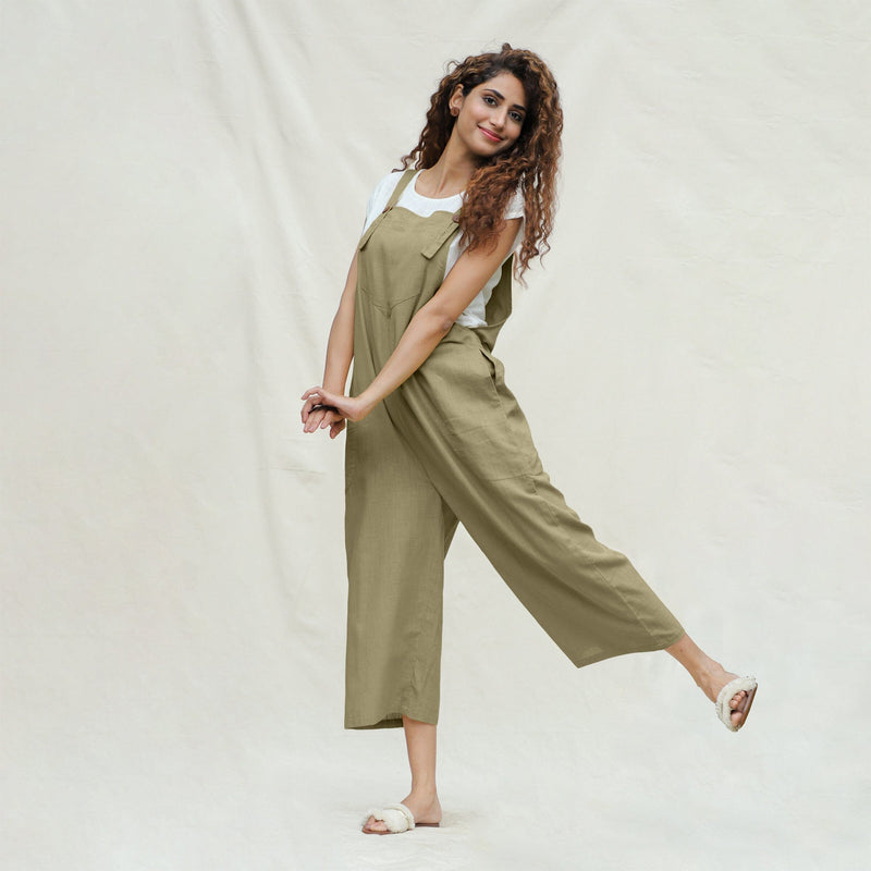 Khakhi Green 100% Cotton Midi Dungaree Jumpsuit