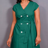 Green Warm Cotton Flannel Button-Down A-Line Midi Dress