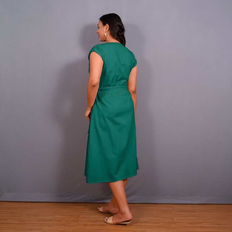 Green Warm Cotton Flannel Button-Down A-Line Midi Dress