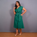 Green Warm Cotton Flannel Button-Down A-Line Midi Dress