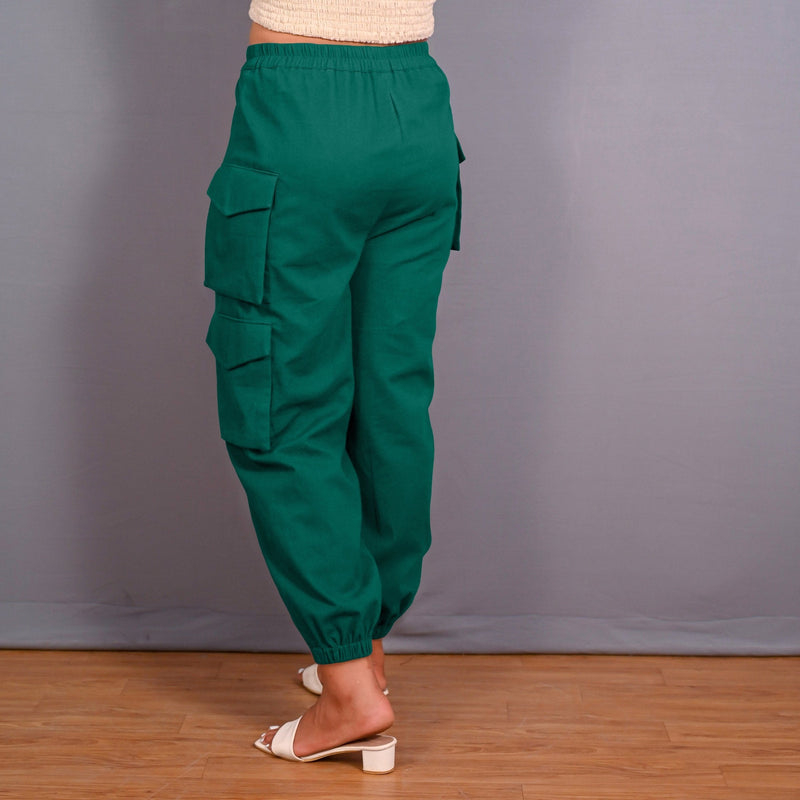 Green Warm Cotton Flannel Elasticated Cargo Jogger Pant