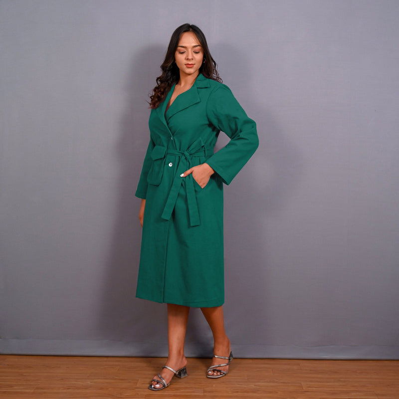 Green Warm Cotton Flannel Midi Blazer Dress