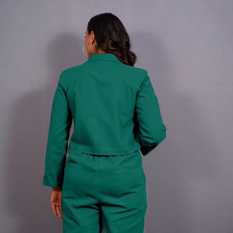 Green Warm Cotton Flannel Single-Breasted Crop Blazer