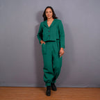Green Warm Cotton Flannel Single-Breasted Crop Blazer