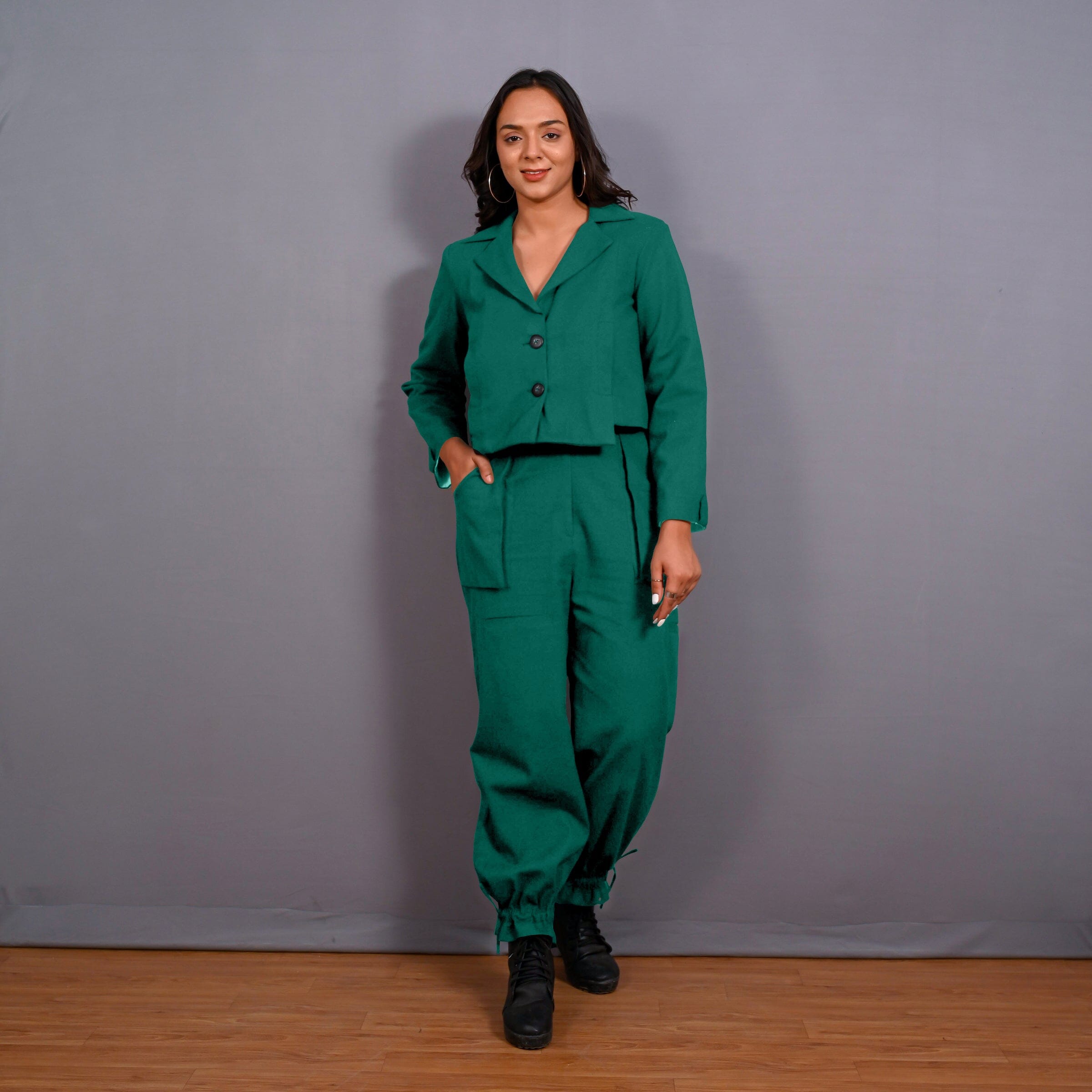 Green Warm Cotton Flannel Single-Breasted Crop Blazer