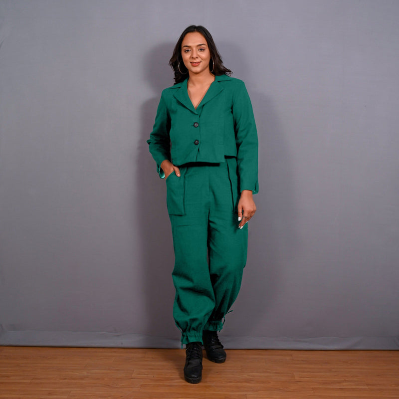 Green Warm Cotton Flannel Single-Breasted Crop Blazer
