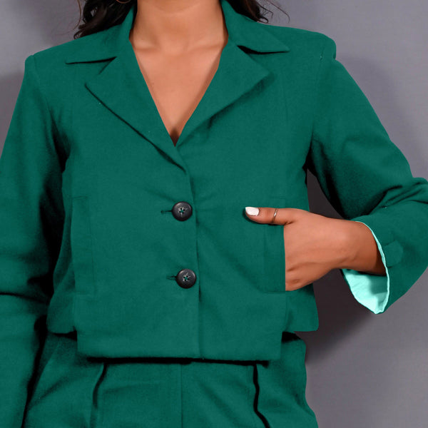 Green Warm Cotton Flannel Single-Breasted Crop Blazer