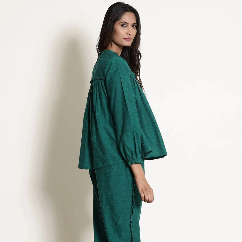 Right View of a Model wearing Green Warm Cotton Frilled Gathered Yoke Top