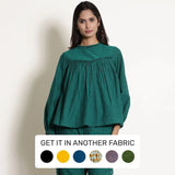 Front View of a Model wearing Green Warm Cotton Frilled Gathered Yoke Top